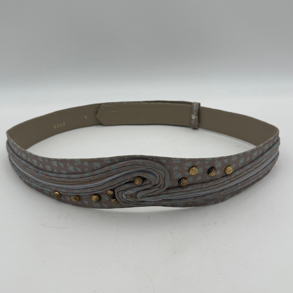 Vintage Studded Gathered Leather Waist Belt Floral Print Tan Size L 2728